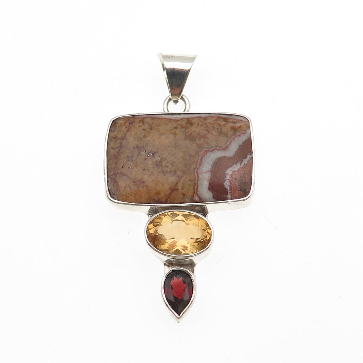 Charles Albert 925 Sterling Vintage Real Agate Citrine Garnet Modernist Pendant