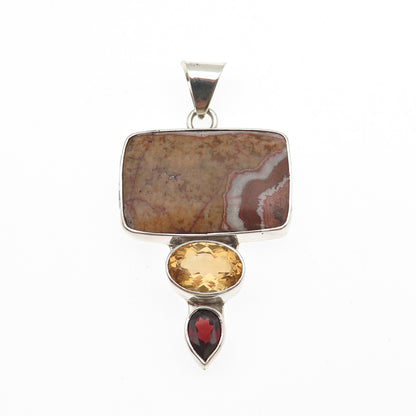 Charles Albert 925 Sterling Vintage Real Agate Citrine Garnet Modernist Pendant