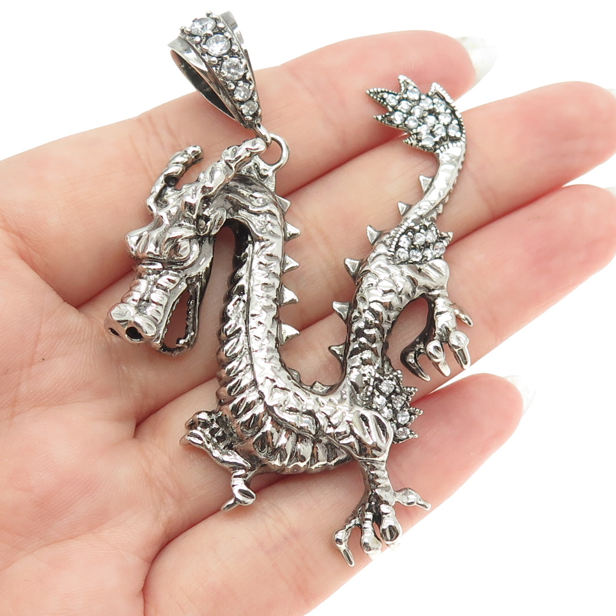 925 Sterling Silver Vintage Round-Cut C Z Chinese Royal Dragon Pendant