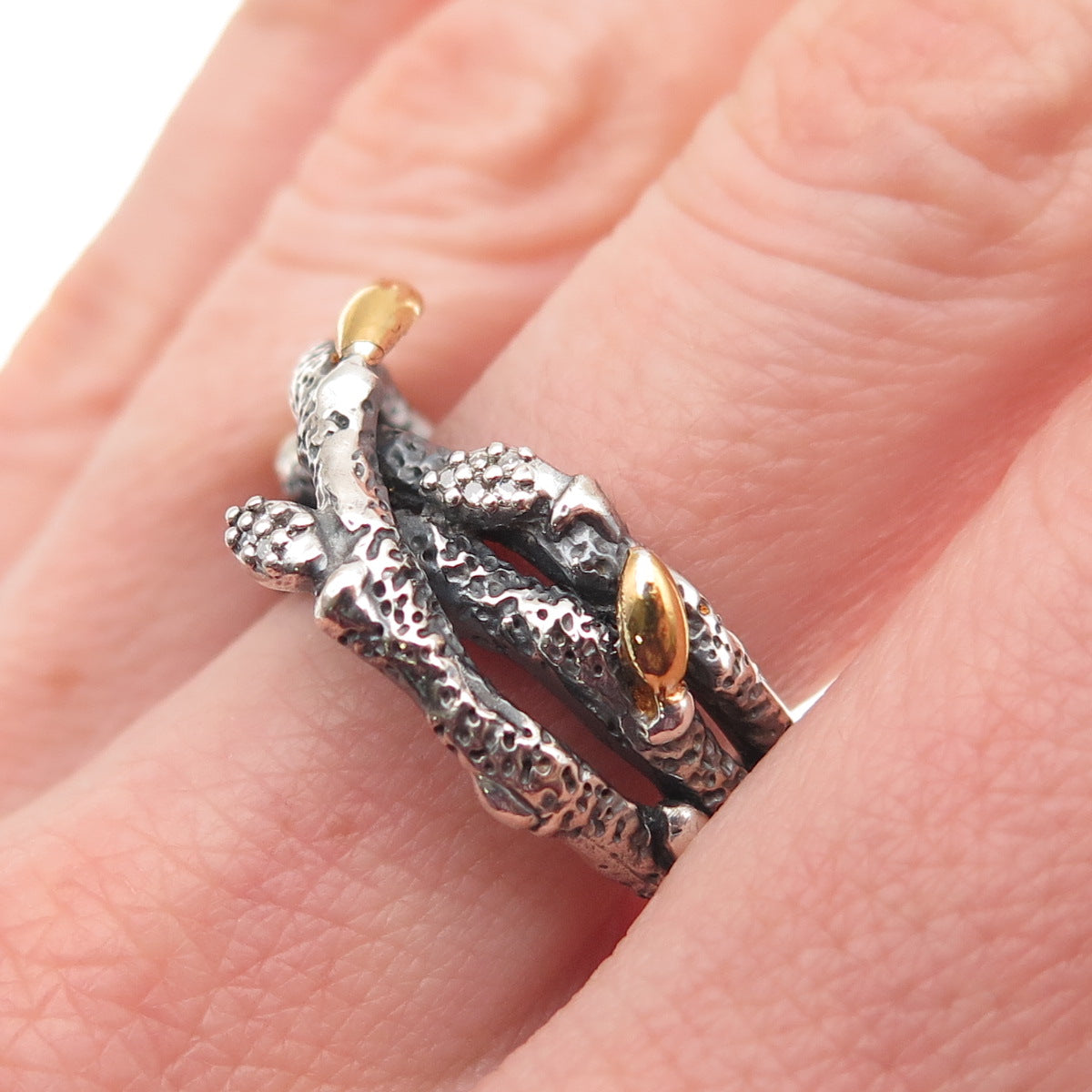 Stephen Dweck 925 Sterling Silver 2-Tone Real Diamond Botanical Ring Size 9.25