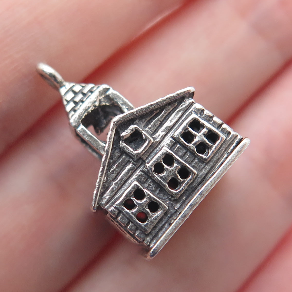 925 Sterling Silver Antique Art Deco Old Church Minimalist 3D Charm Pendant