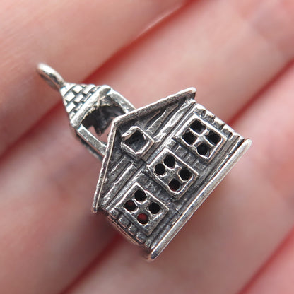 925 Sterling Silver Antique Art Deco Old Church Minimalist 3D Charm Pendant