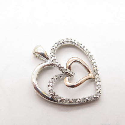 SUN 14K Rose Gold & 925 Sterling Silver Real Round-Cut Diamond Heart Pendant