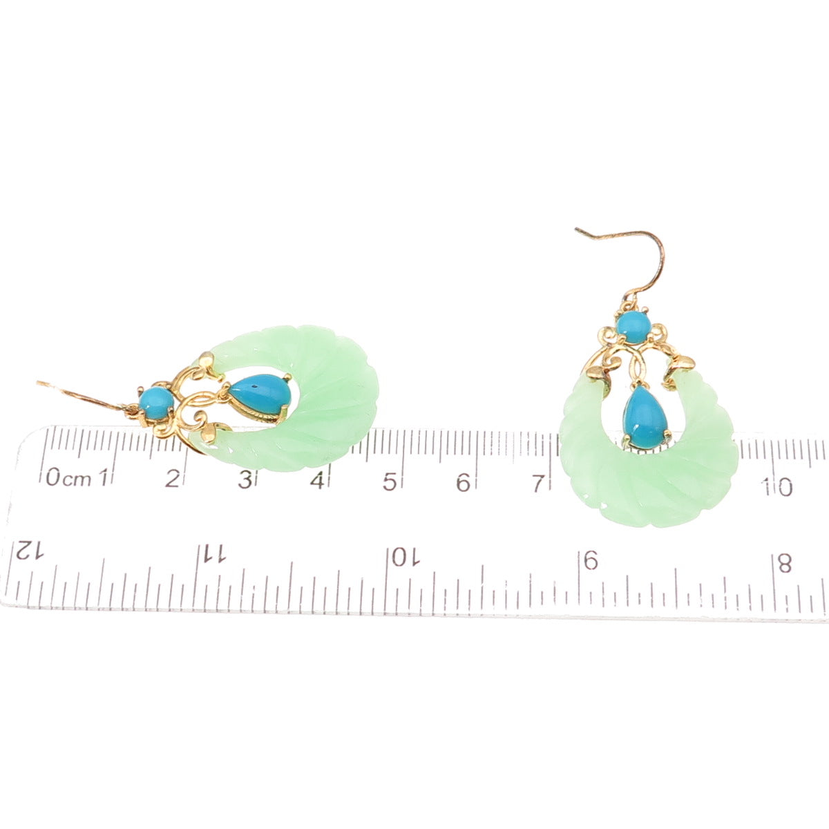 925 Sterling Silver Gold Plated Real Turquoise & Jade Teardrop Dangle Earrings