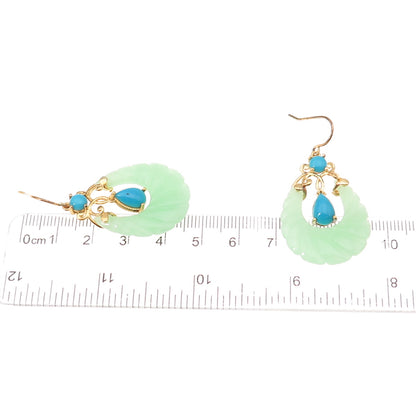 925 Sterling Silver Gold Plated Real Turquoise & Jade Teardrop Dangle Earrings