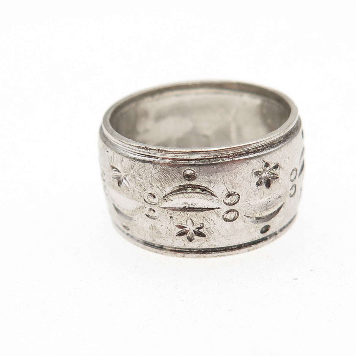 Uncas 925 Sterling Silver Antique Art Deco Floral Wide Band Ring Size 5.25