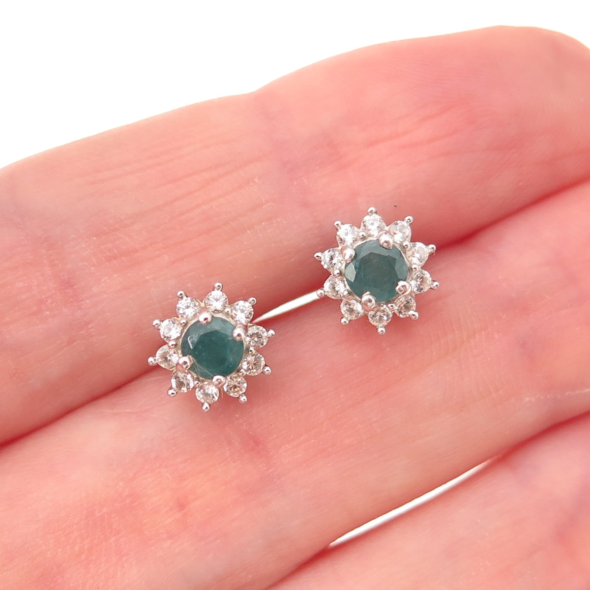 925 Sterling Silver Real Round-Cut Emerald & White Topaz Floral Stud Earrings