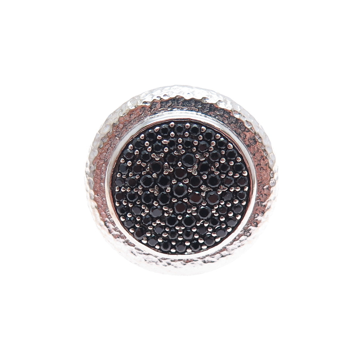 925 Sterling Silver Real Round-Cut Black Spinel Hammered Ring Size 7.25