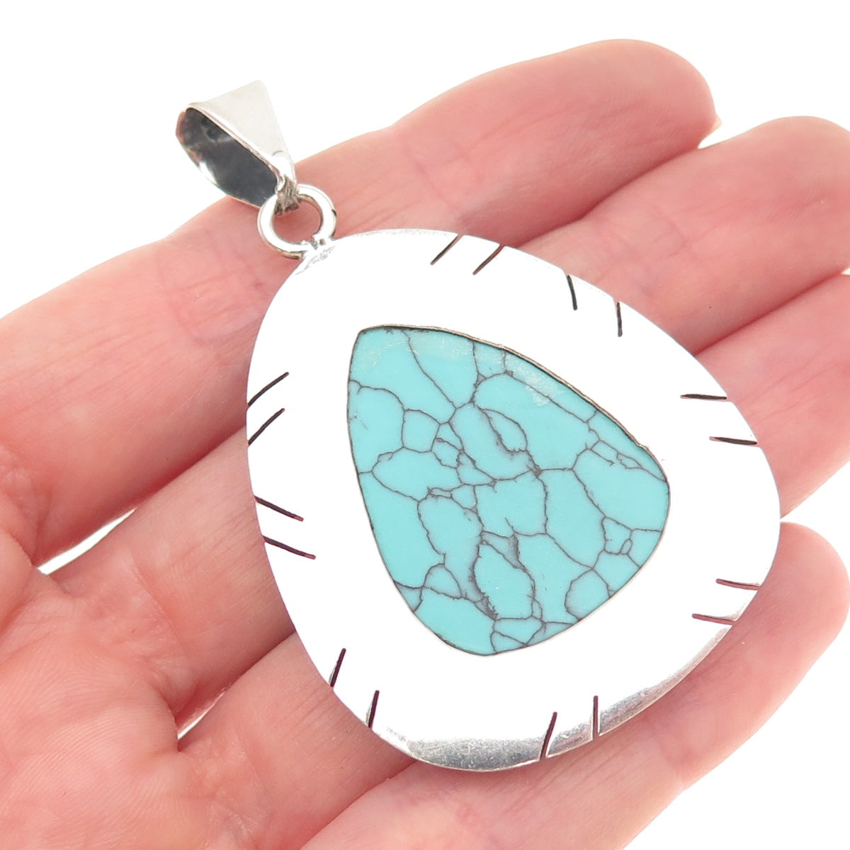 925 Sterling Silver Vintage Mexico Real Turquoise Modernist Oxidized Pendant