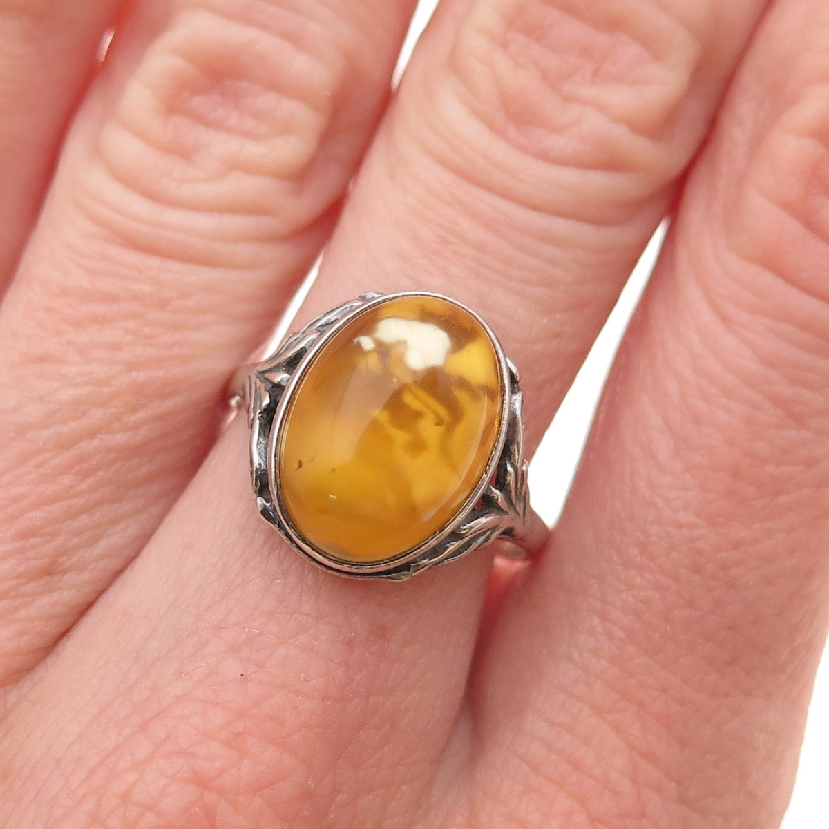 925 Sterling Silver Vintage Poland Real Butterscotch Amber Ring Size 7.75