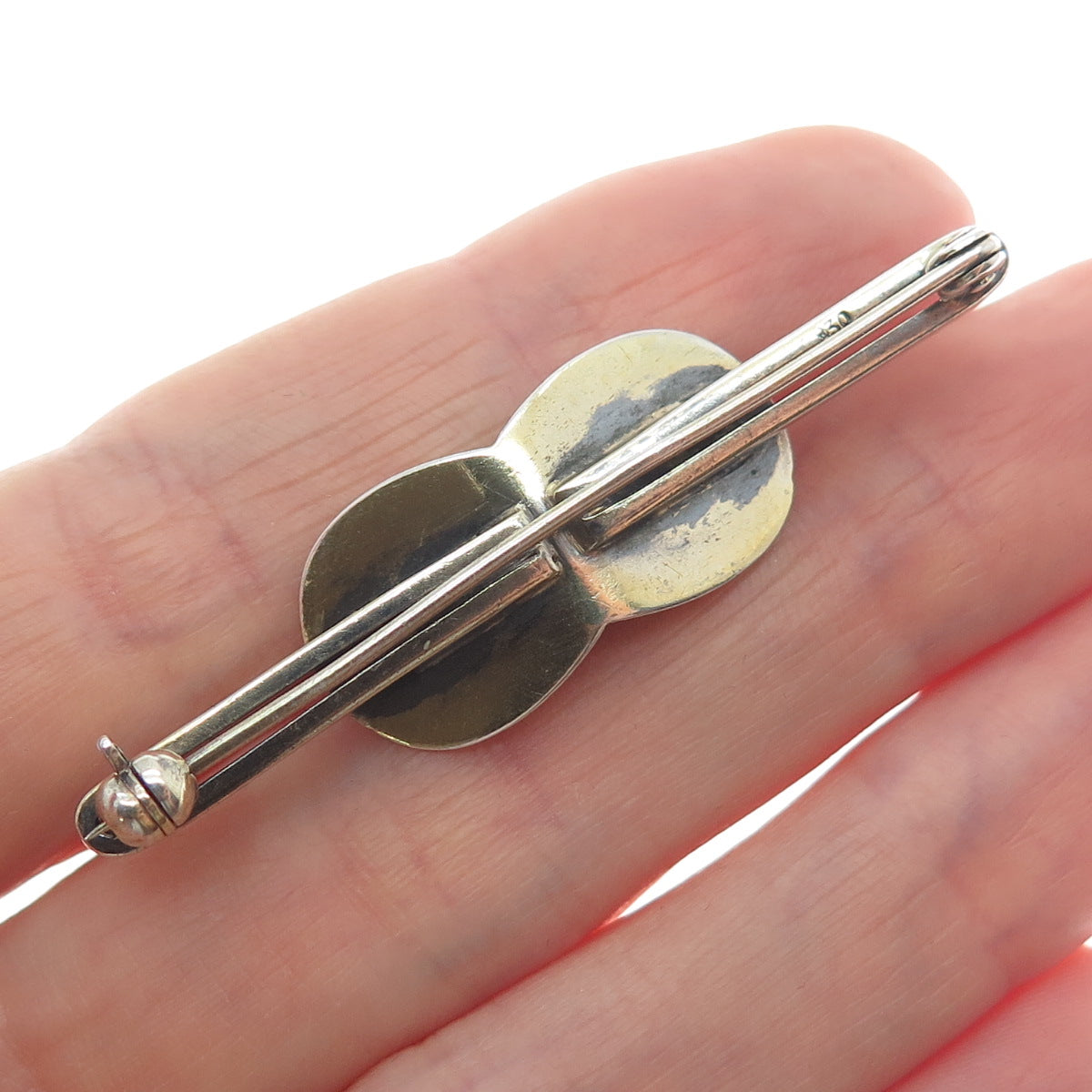 830 Silver Gold Filled Vintage Real Pearl Modernist Oxidized Pin Brooch