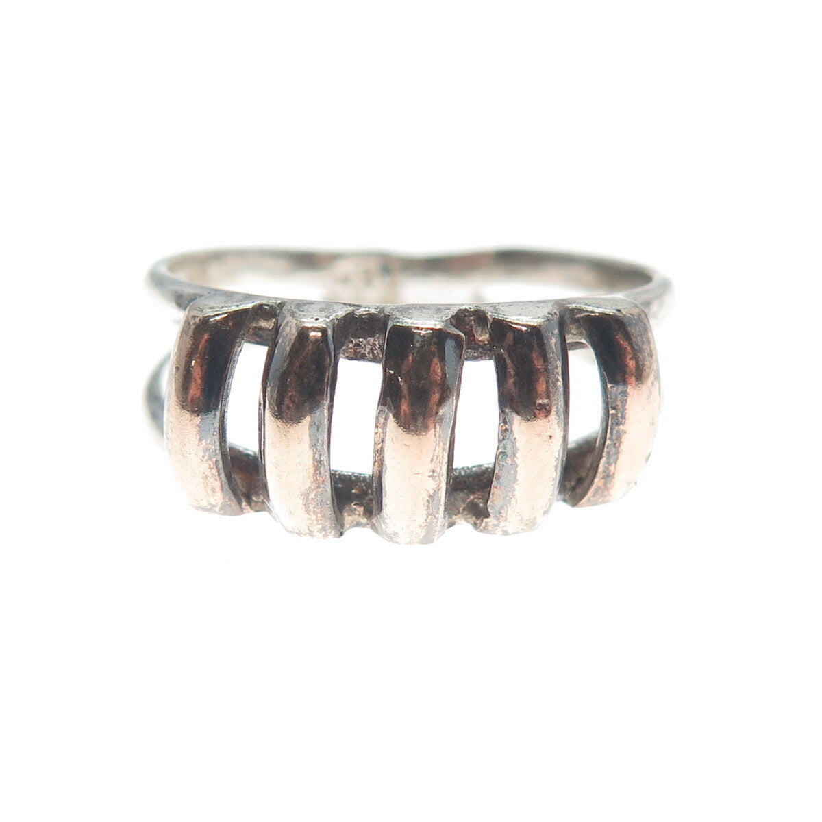 950 Silver & 18K Rose Gold Vintage Fence Oxidized Ring Size 7.25