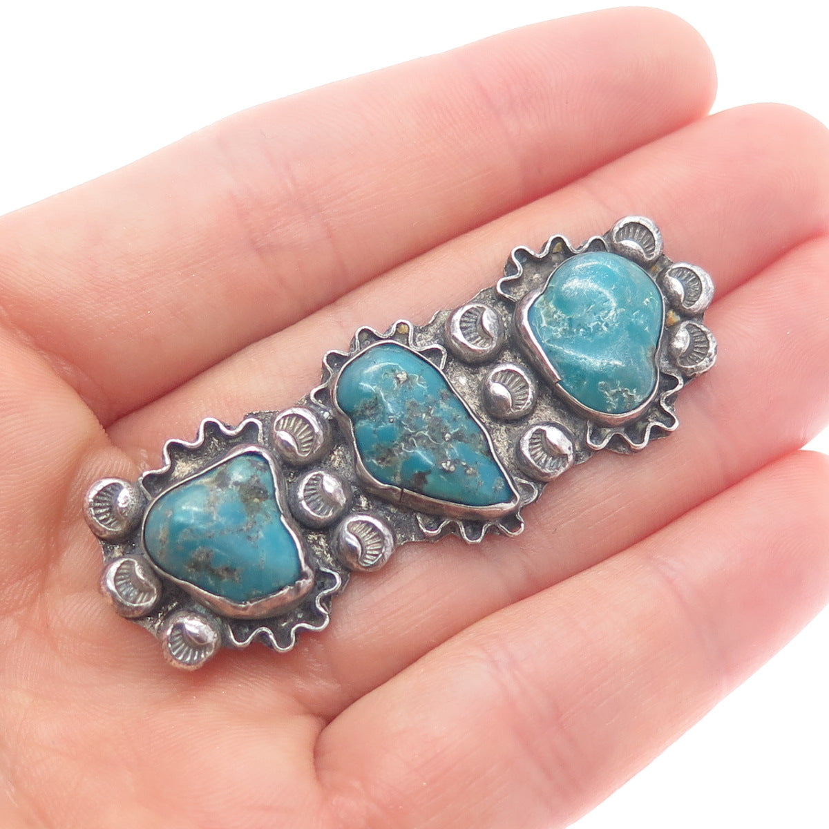 Old Pawn Sterling Silver Vintage Southwestern Bisbee Turquoise Tribal Pin Brooch