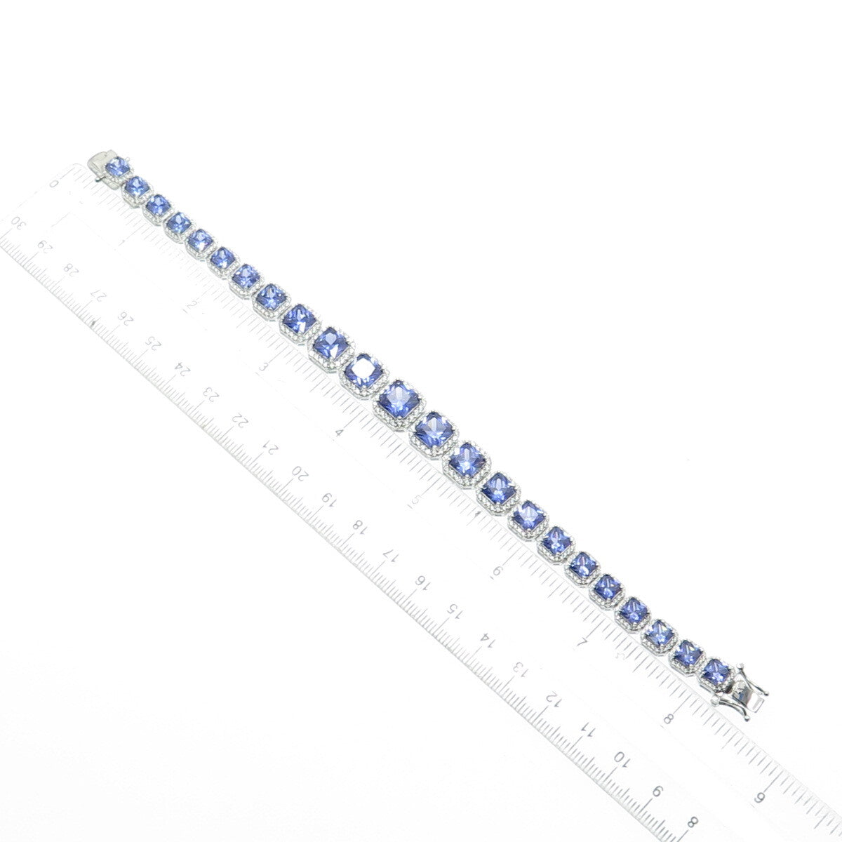 925 Sterling Silver Blue & White C Z Princess Link Bracelet 8"