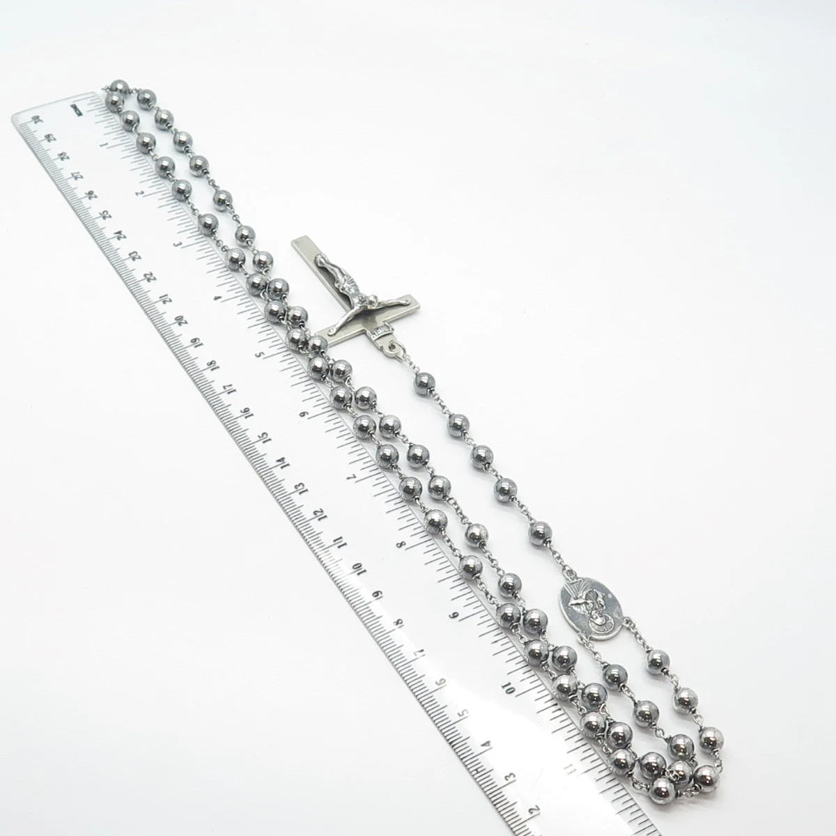 925 Sterling Silver Vintage Religious Theme Cross Ball Chain Necklace 28"