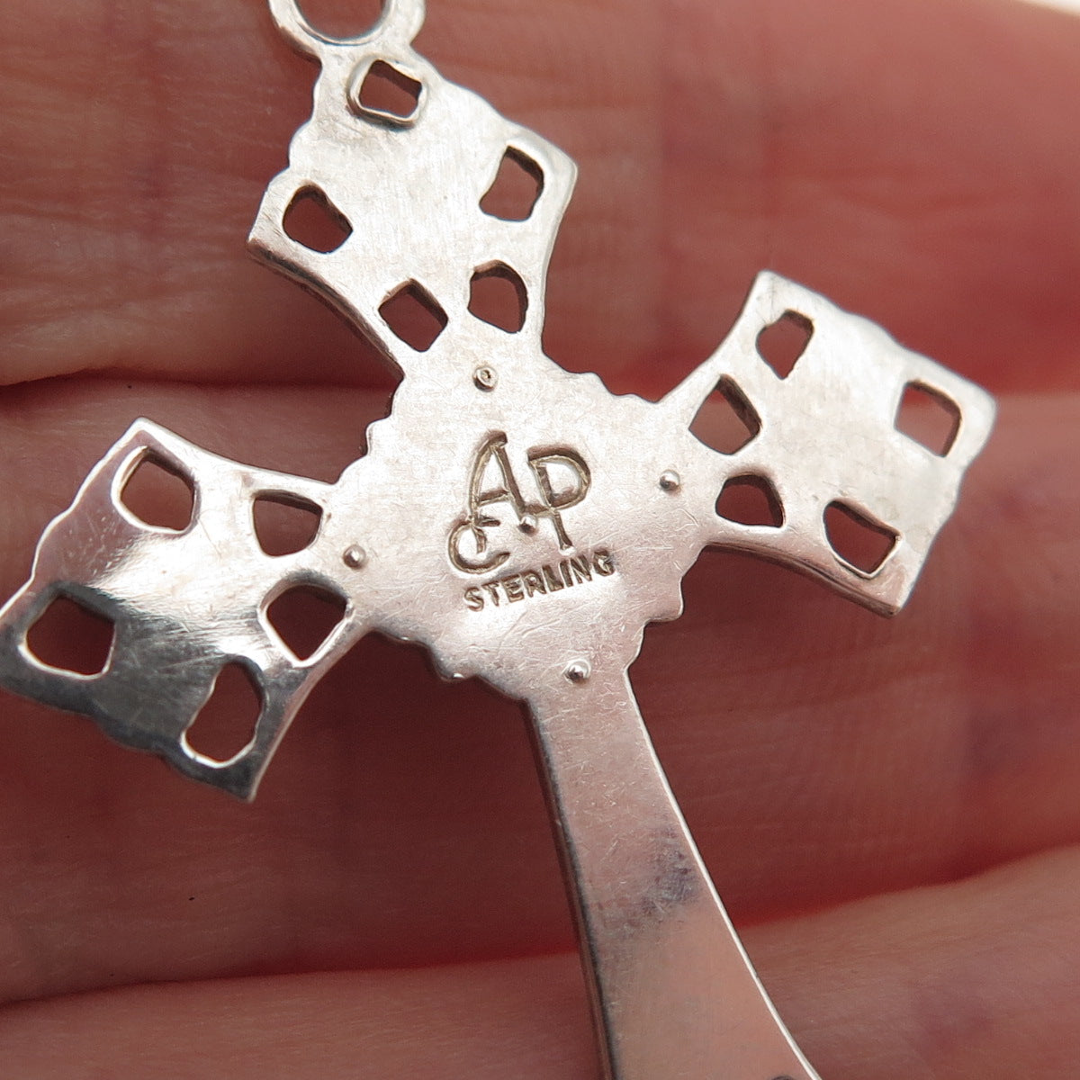 925 Sterling Silver Antique Art Deco Rhinestone Floral Cross Charm Pendant