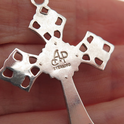 925 Sterling Silver Antique Art Deco Rhinestone Floral Cross Charm Pendant
