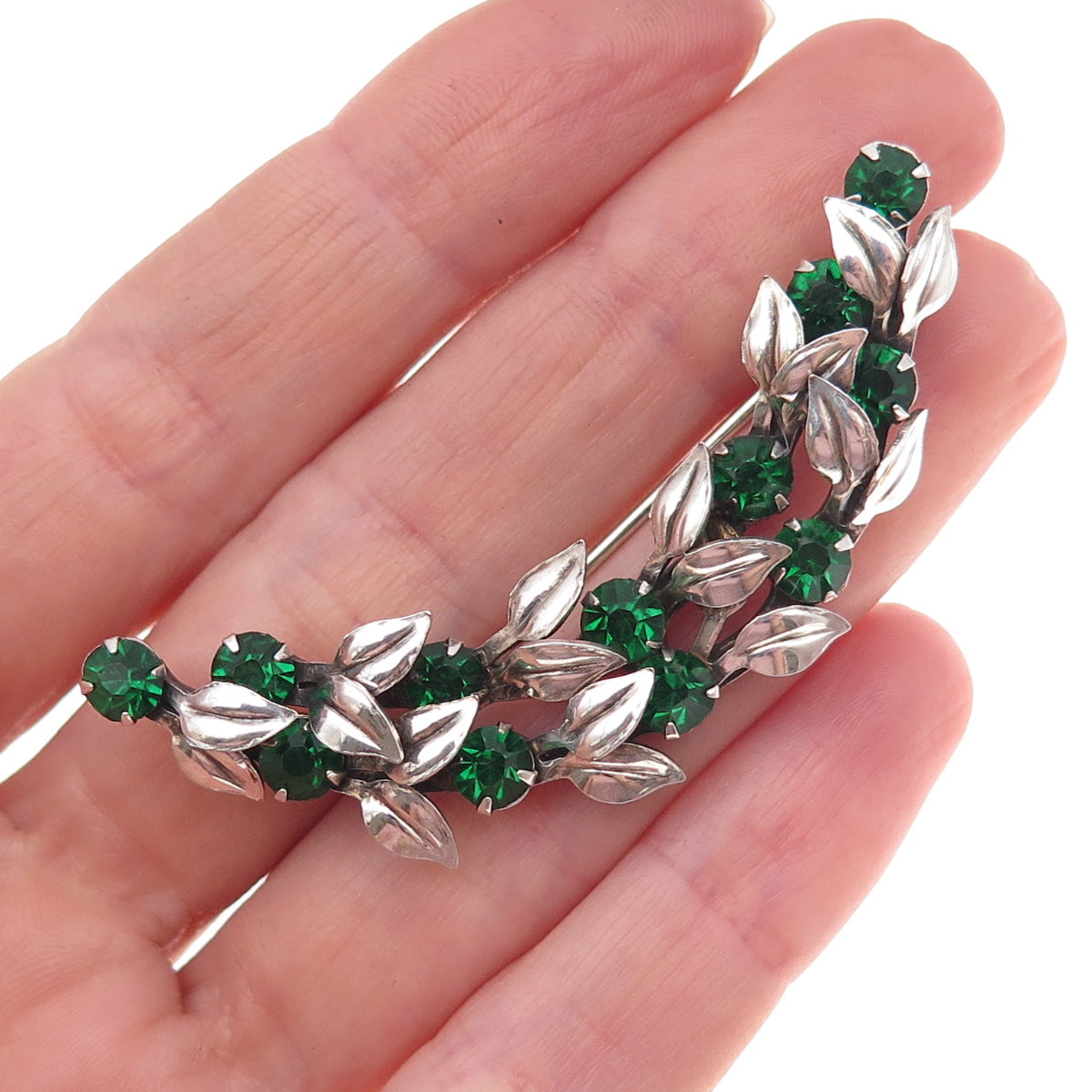 925 Sterling Silver Antique Art Deco Green Rhinestone Floral Pin Brooch