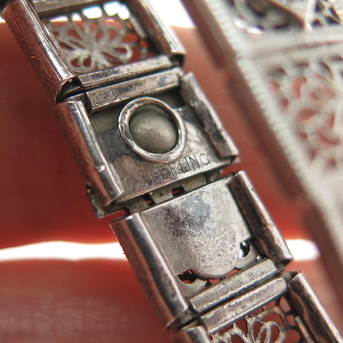 925 Sterling Silver Antique Emerald-Cut Glass & Rhinestone Filigree Bracelet 7"