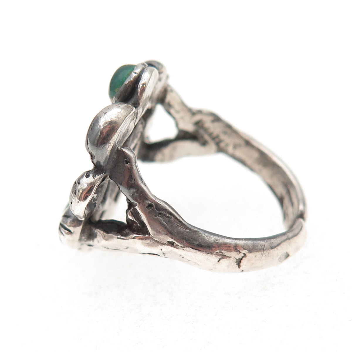 925 Sterling Vintage Israel Real Green Onyx Modernist Adjustable Ring Size 7.75