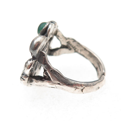 925 Sterling Vintage Israel Real Green Onyx Modernist Adjustable Ring Size 7.75