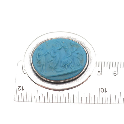 Native Crafts Sterling Silver Antique Art Deco Ceramic Greek Scene Pin Brooch