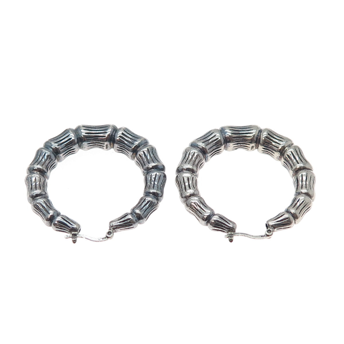 925 Sterling Silver Vintage Modernist Bamboo Oxidized Hoop Earrings