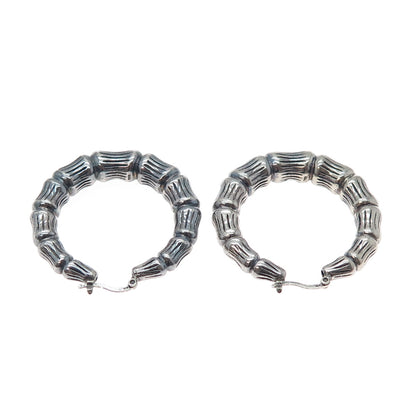 925 Sterling Silver Vintage Modernist Bamboo Oxidized Hoop Earrings