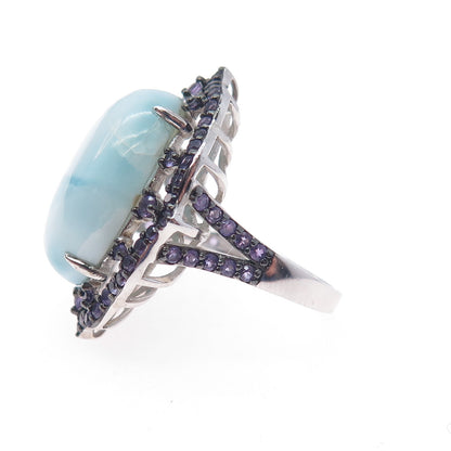 925 Sterling Silver Real Cabochon Larimar & Amethyst Ring Size 6.25