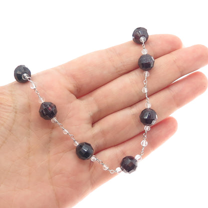 925 Sterling Silver Vintage Real Garnet Clear Crystal Beaded Chain Necklace 18"
