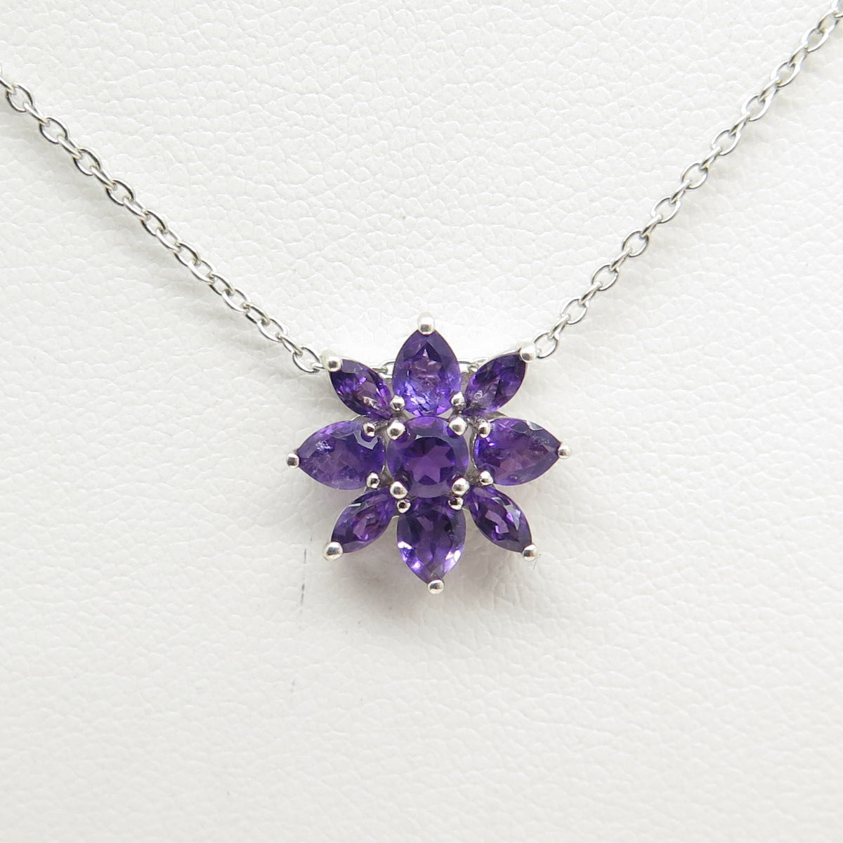 925 Sterling Silver Real Round Pear & Marquise-Cut Amethyst Floral Necklace 18"