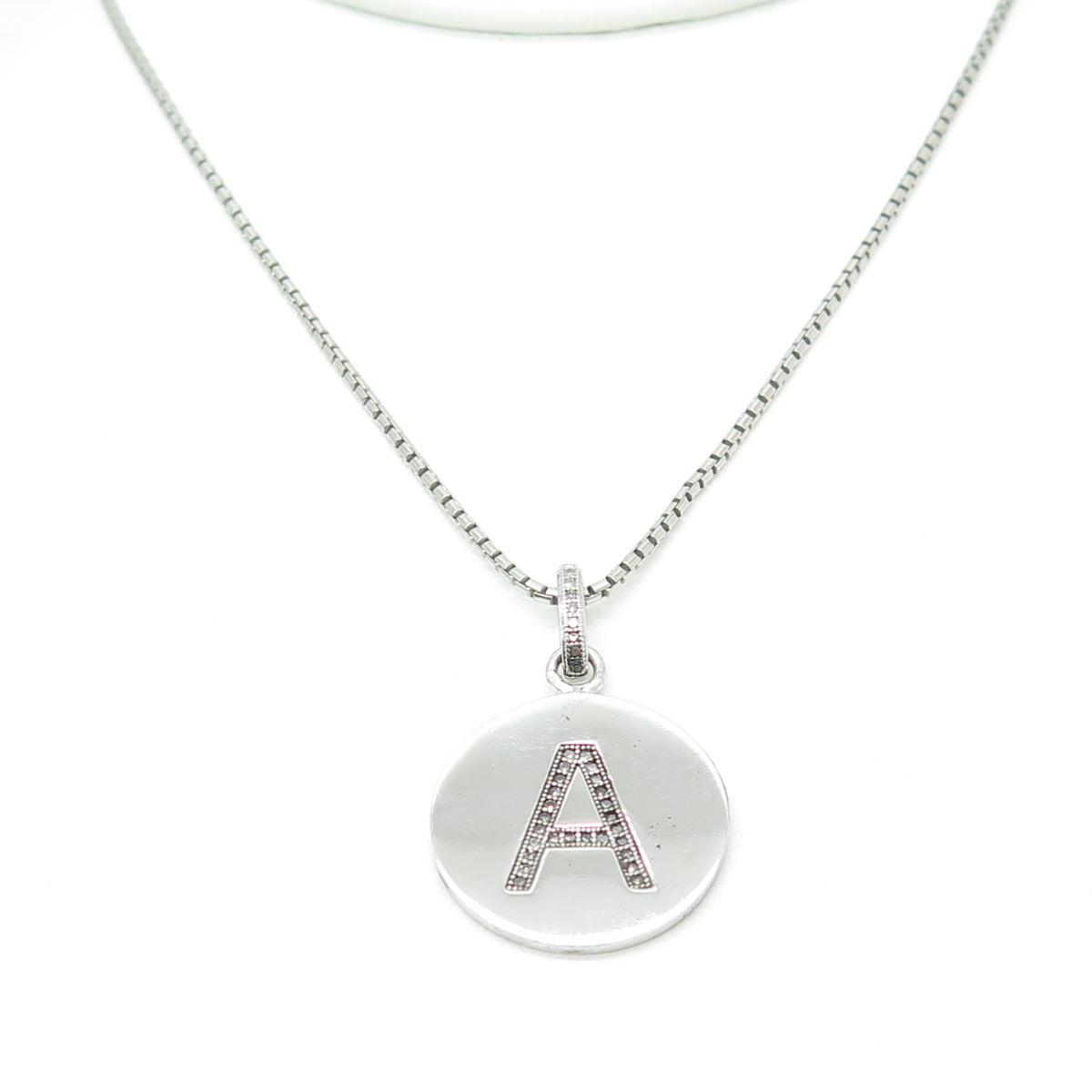 925 Sterling Silver Real Diamond Letter "A" Tag Round Box Chain Necklace 18"