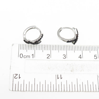 925 Sterling Silver Round-Cut Black C Z Crisscross Hoop Earrings