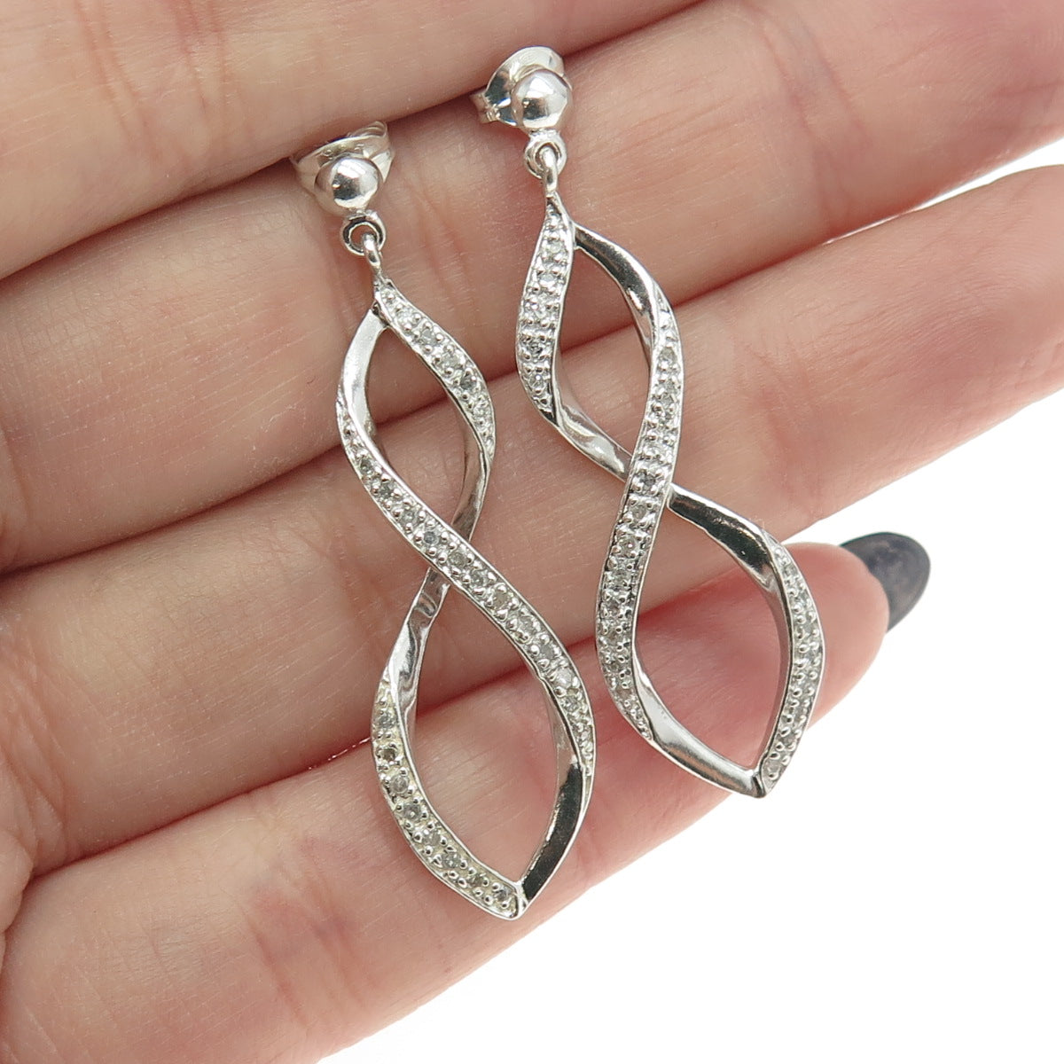 HN HENG NGAI 925 Sterling Silver Real Round-Cut Diamond Infinity Drop Earrings