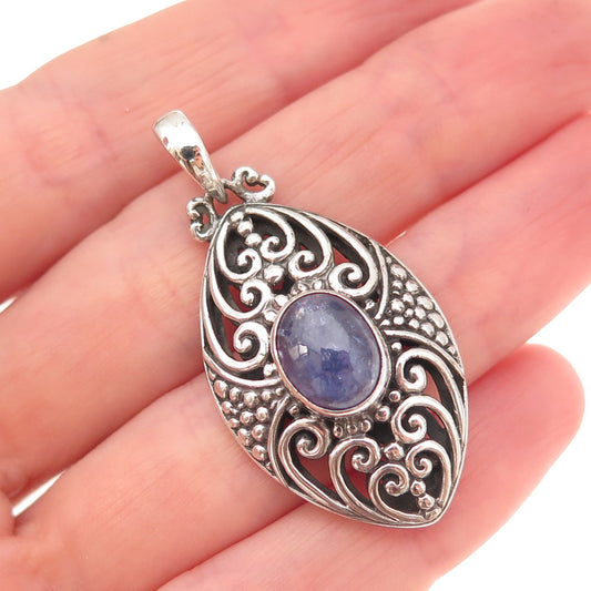 925 Sterling Silver Vintage Real Tanzanite Heart Ornate Oxidized Charm Pendant