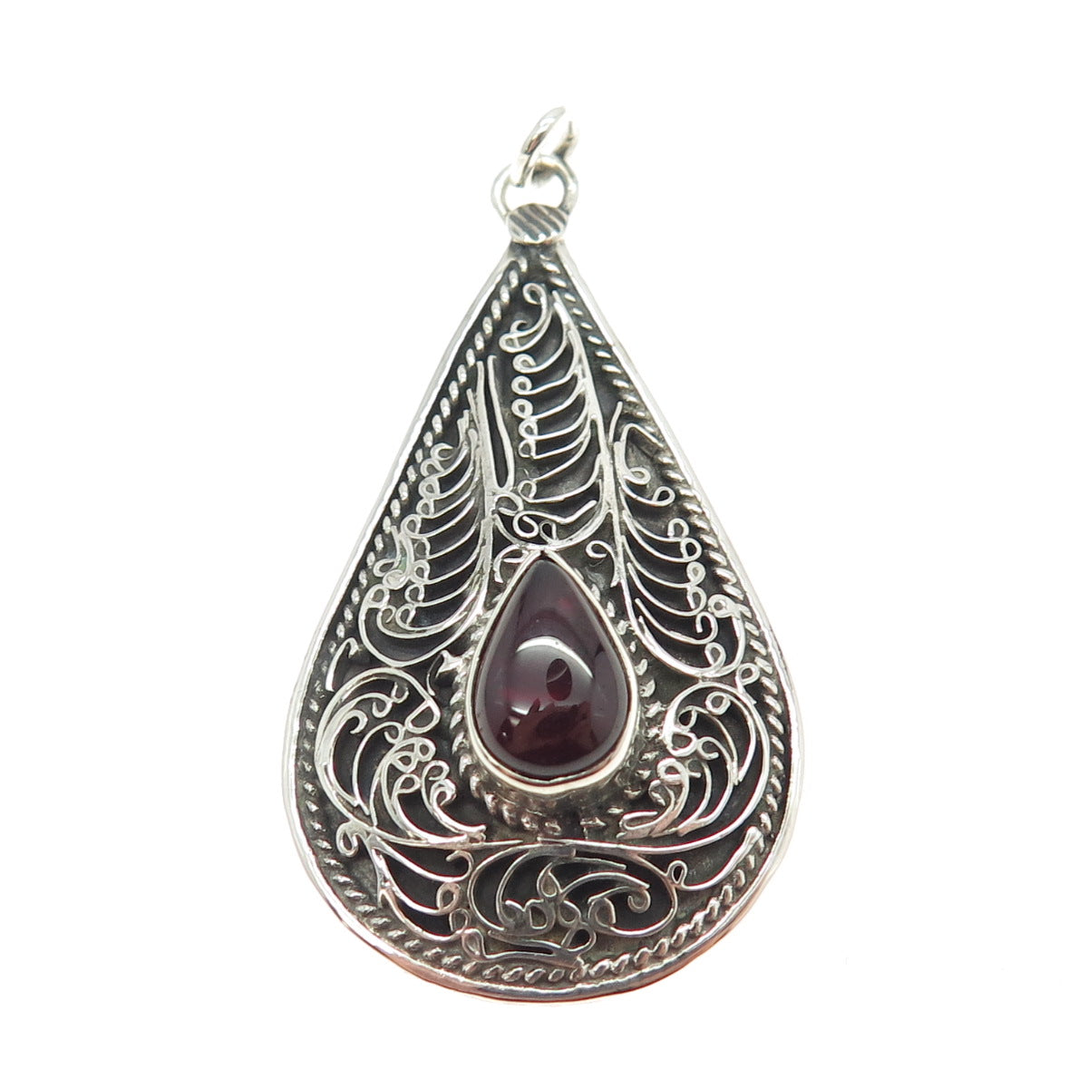 925 Sterling Silver Vintage Real Tourmaline Filigree Teardrop Pendant