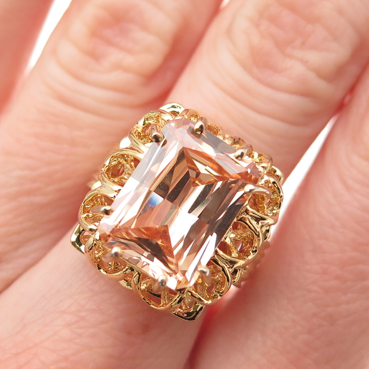 925 Sterling Silver Gold Plated Emerald-Cut Champagne C Z Ring Size 7