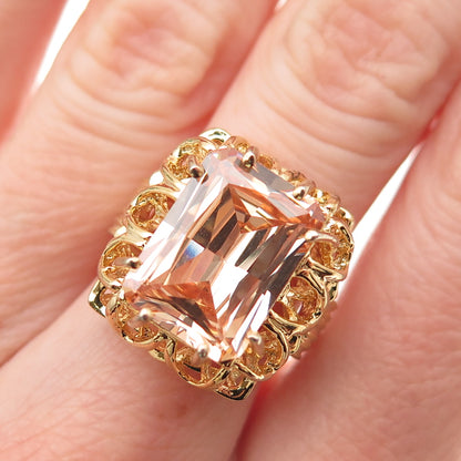 925 Sterling Silver Gold Plated Emerald-Cut Champagne C Z Ring Size 7