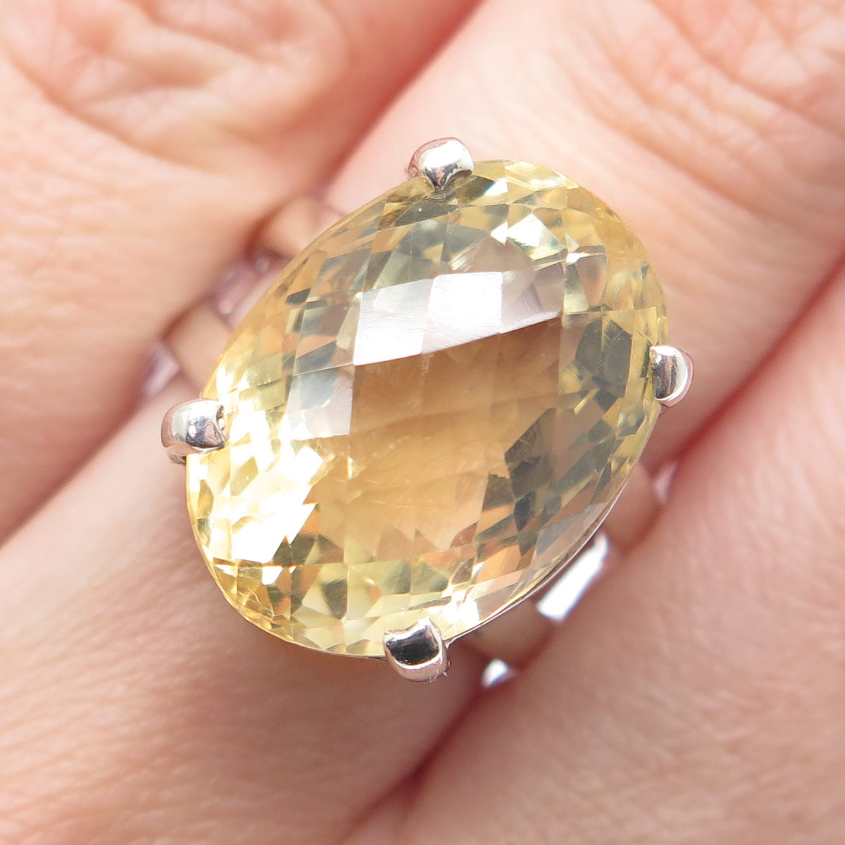 925 Sterling Silver Vintage Real Oval-Cut Citrine Modernist Ring Size 6.75