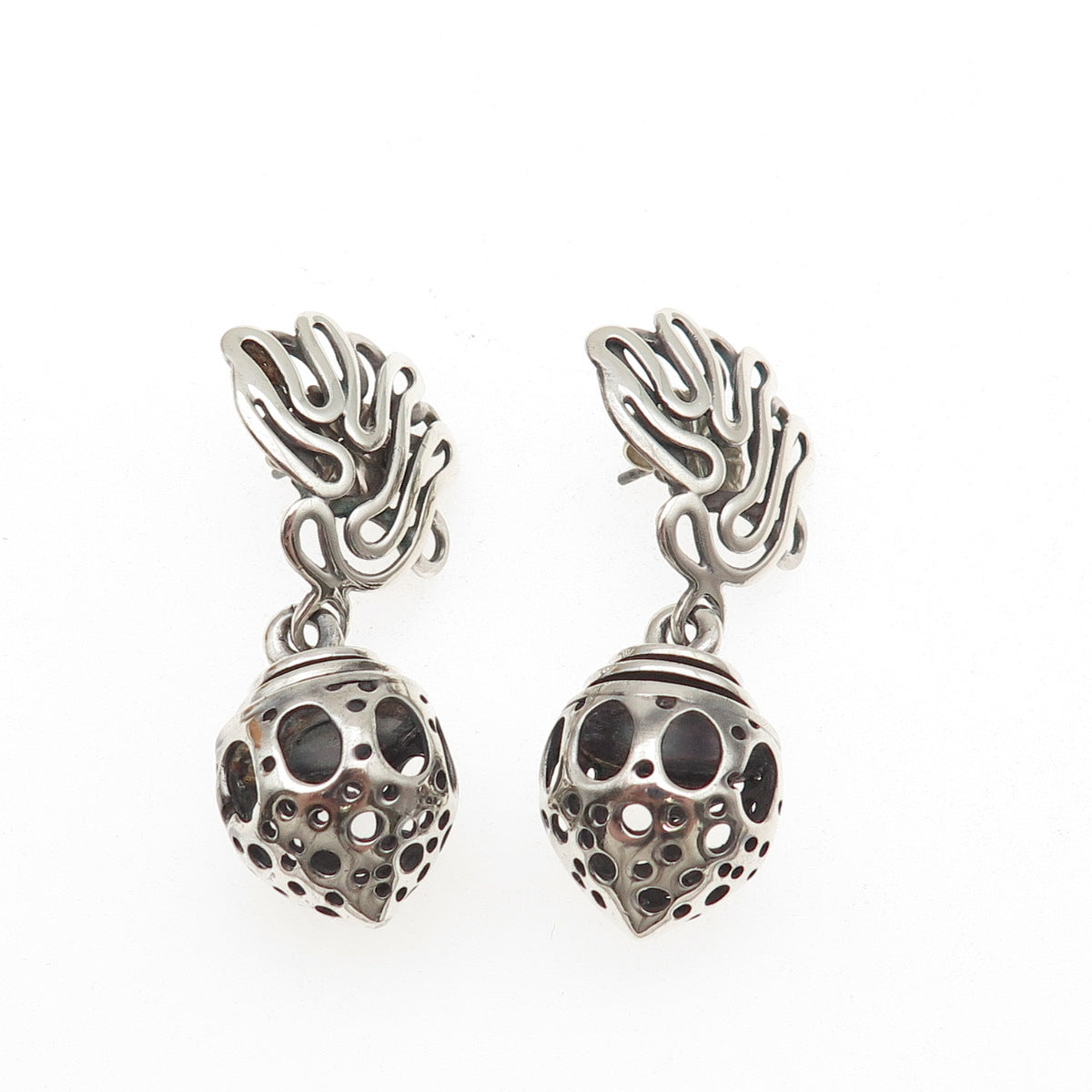 925 Sterling Silver Vintage Modernist Oxidized Bead Dangle Earrings