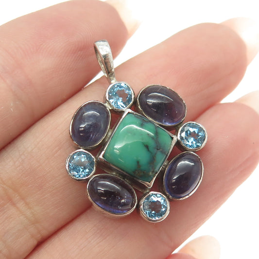 925 Sterling Silver Vintage Real Turquoise Amethyst & Blue Topaz Gem Pendant