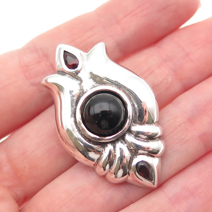 925 Sterling Silver Vintage Real Black Onyx & Red Garnet Modernist Slide Pendant