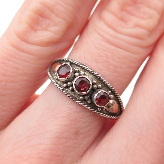 935 Silver 2-Tone Vintage Real Red Garnet Oxidized Ring Size 6