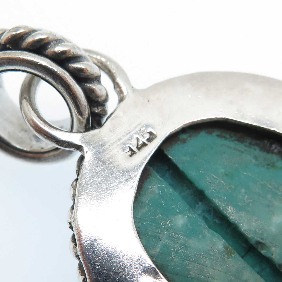 925 Sterling Silver Vintage Real Cabochon Tyrone Turquoise Roped Pendant