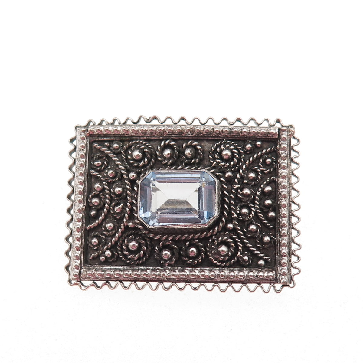 925 Sterling Silver Vintage Jerusalem Israel Blue Crystal Oxidized Pin Brooch