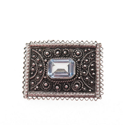 925 Sterling Silver Vintage Jerusalem Israel Blue Crystal Oxidized Pin Brooch