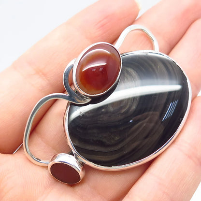 925 Sterling Silver Vintage Real Carnelian & Black Agate Gemstone Pin Brooch