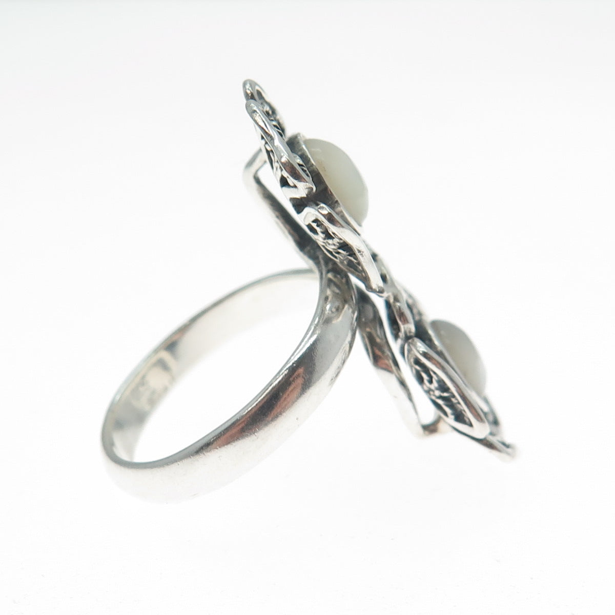 RIDER 950 Silver Vintage Real Mother-of-Pearl Flower Filigree Ring Size 8