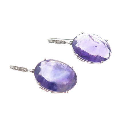 DSMK 925 Sterling Silver Real Diamond & Oval-Cut Amethyst Dangle Earrings