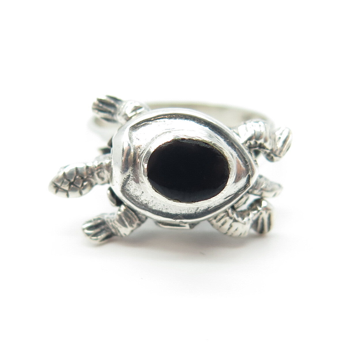 925 Sterling Silver Vintage Real Black Onyx Gemstone Turtle Ring Size 6.75